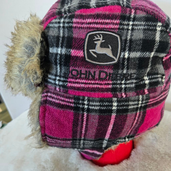 Women's John Deere Plaid Trapper Hat One Size Pink Black Faux Fur - Picture 4 of 12